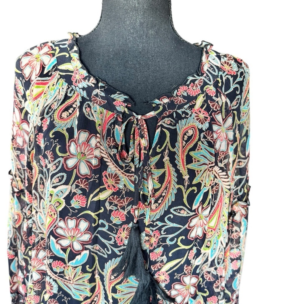 Sundance 100% Silk Blouse L Artisan Floral Tassel Top Luxe Boho Capsule Wardrobe - Picture 2 of 9